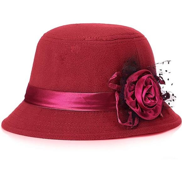 Vintage Felt Cloche Hat Winter Floral Fedora Bucket Hat Bowler Hats - Picture 1 of 6